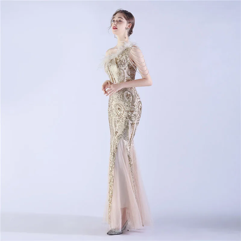 DongCMY New Beaded And Ostrich Fur High-end Sequined Gold Evening Dresses Elegant Party Gowns For Women 2025