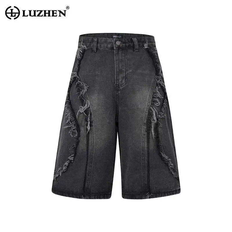 LUZHEN American Burr Patchwork Design Straight Denim Shorts Men's 2025 Summer Wornout Washed Vintage Jeans Male Clothes JY1004