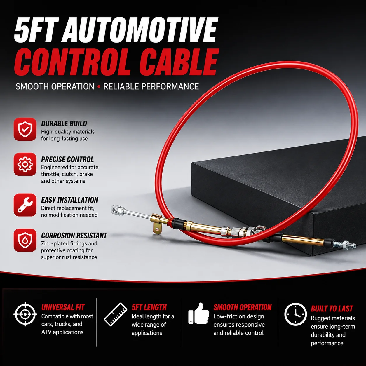 AF72-1002 5 Feet Auto Shift Cable, Gear Selector Cable Fit for Most B&M Shifters, Sturdy Replacement Transmission Accessory, Practical Car Repair Part for Automotive Maintenance