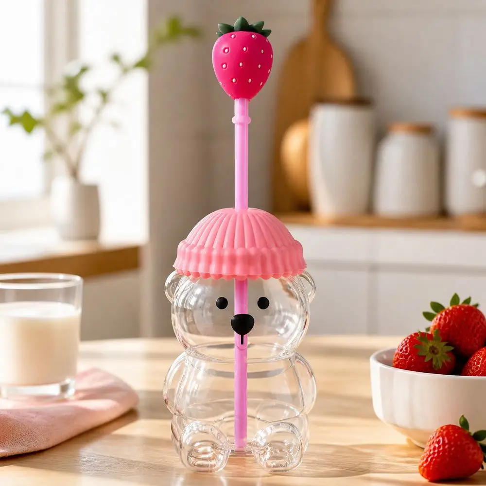 Cute with Lid Bear Drinking Cup Transparent Large Capacity Bear Straw Cup Teddy Bear Plastic Cup Home and Work