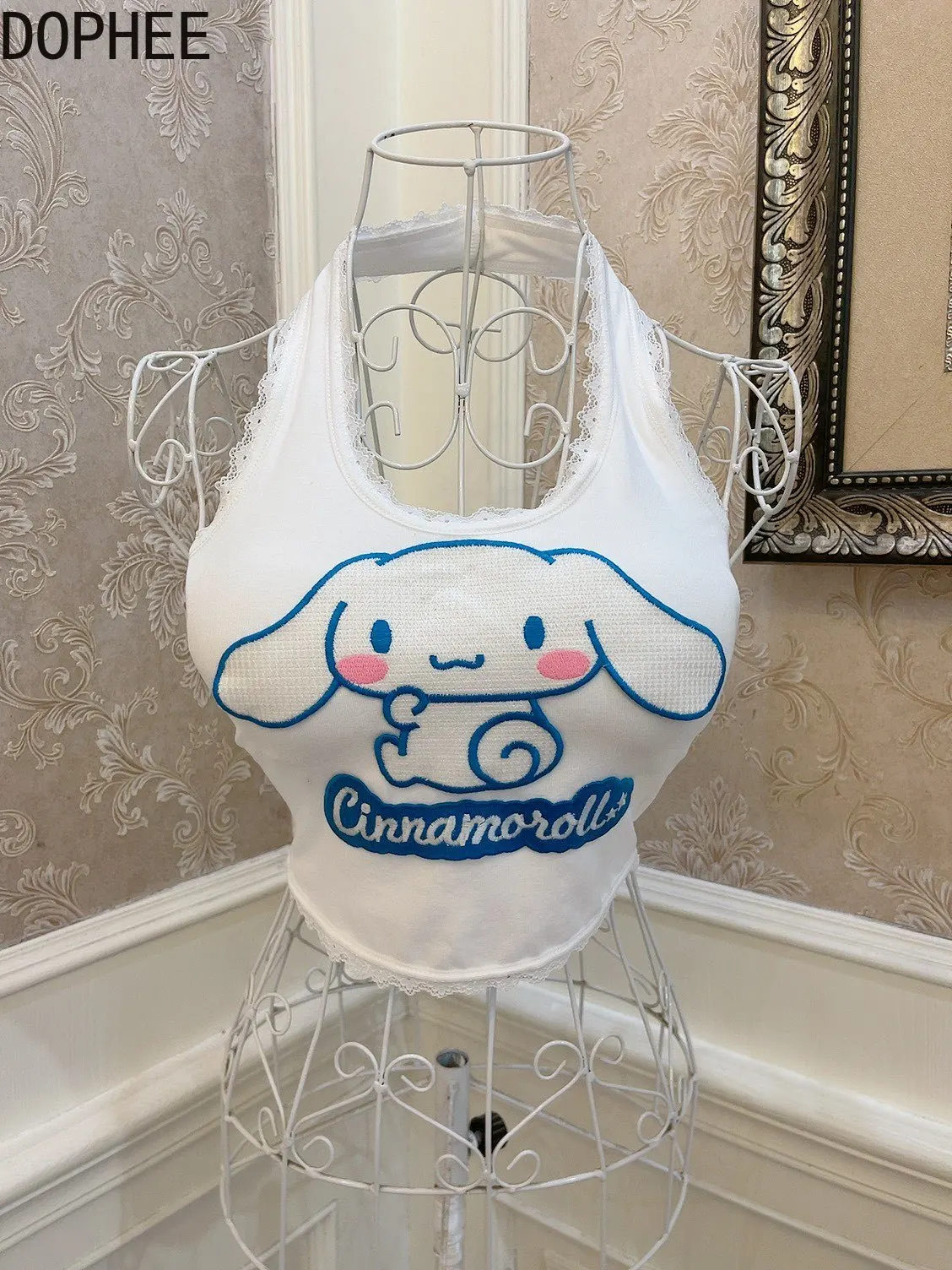 

Sweet Spice Girls камзол с воротником-халтер для женщин весна-лето милый укороченный топ с высокой талией и вышивкой из мультфильма базовый топ тонкие футболки без рукавов