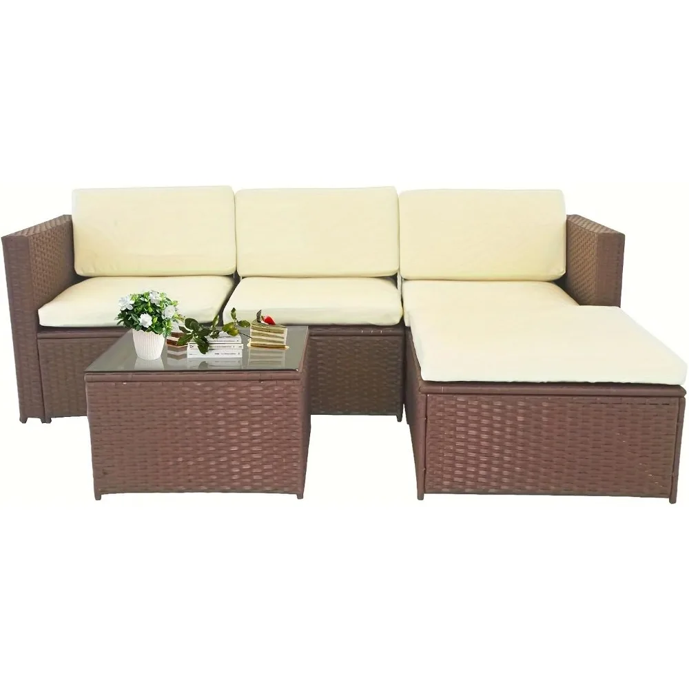 

5-piece outdoor terrace furniture set, all-weather rattan conversation set, with cushion, modern segmented garden sofa