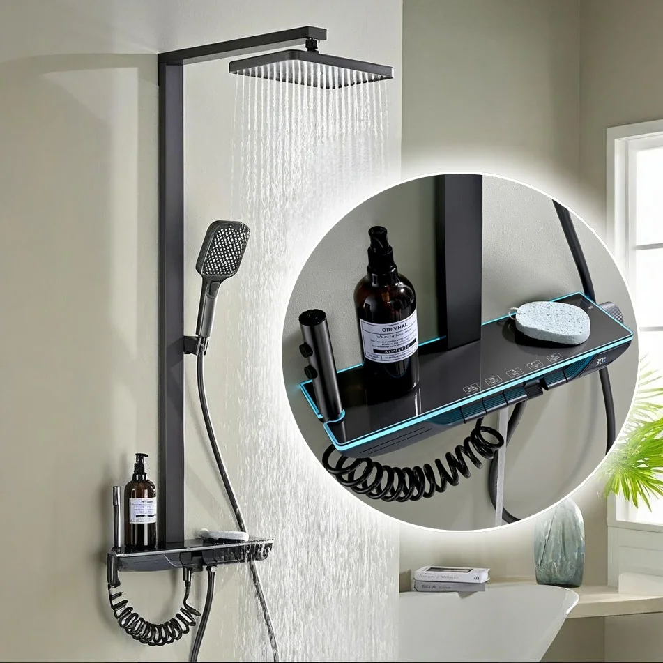 

Copper Brass Thermostatic Shower Set Pressurized Digital Display Gray White Soft Spray Pattern Oil Rubbed for Hotels Hospitals