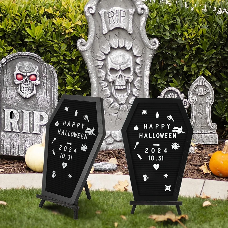 Halloween Coffin Letter Wood Messages Board Horror Chalkboard Signs Display Props Party Decorations With Letters Tripod Home Bar