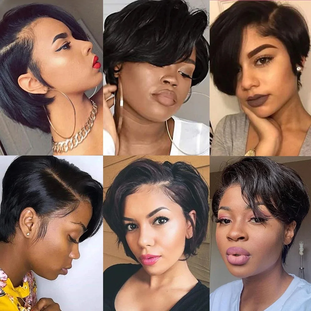 Sleek Short Human Hair Wigs For Women Remy Brazilian Hair Wigs 613 Blonde Lace Wigs L Part Pixie Cut Wig Black Short Lace Wigs