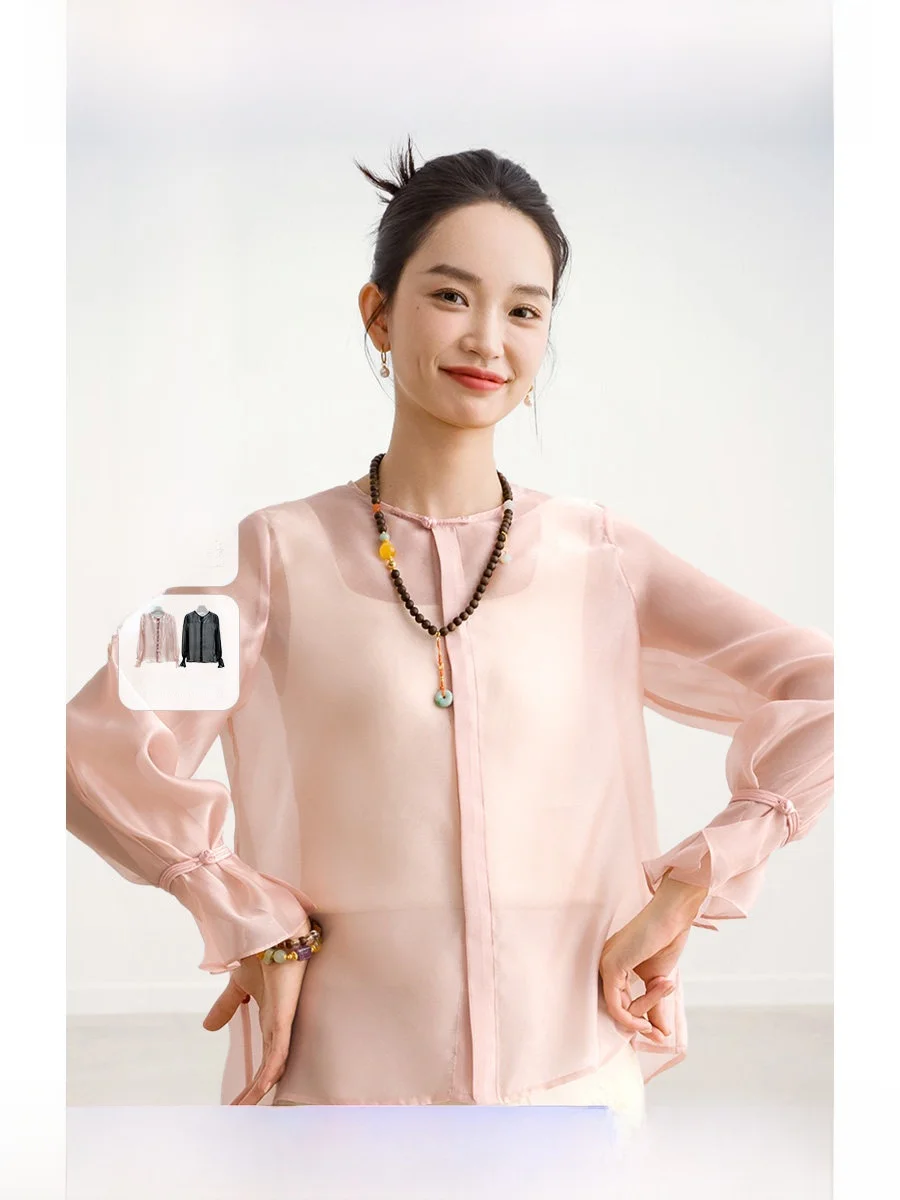 

ROCO Retro Chinese Style Shirt round Neck Button up Lantern Sleeve Elegantly Versatile for Daily Wear And Outer Layering