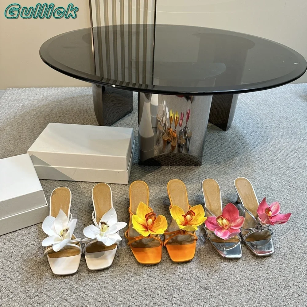 

Мюли Женские однотонные на высоком каблуке, сланцы, квадратный носок, без застежки, однотонные, модная Уличная обувь, белые, серебристые, желтые, лето 2024