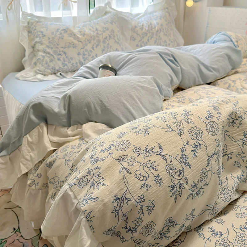 

1.5/1.8 Korean Style 100% Cotton Fitted Sheet Sets with Lace Flower Print Bedding Set for Seasons Home Bedclothes for Adult Kids