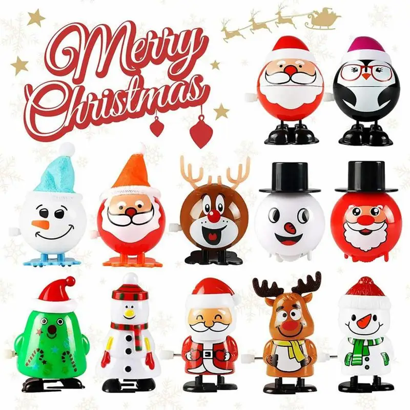 

12pcs Clockwork Santa Claus Wind Up Toys Walking Elk Penguin Snowman Children Clockwork Toy Holiday Christmas Gift for Kids