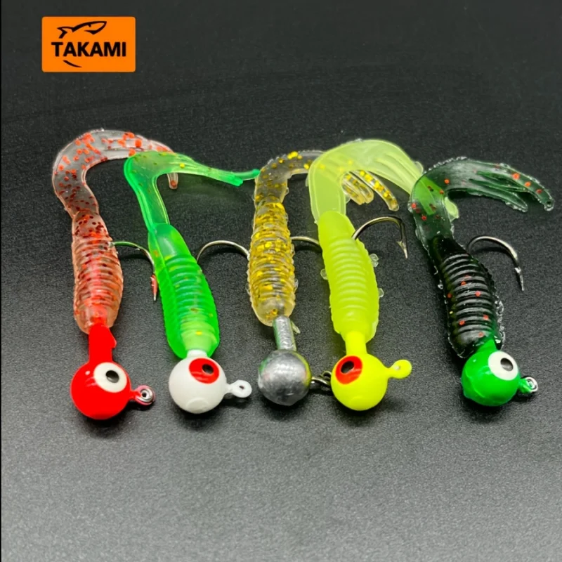 40pcs Soft Bait Set: 30pcs Spiral T-Tail + 10pcs Colored Jig Heads, Lure Fake Bait, Micro Soft Worm Jig Heads