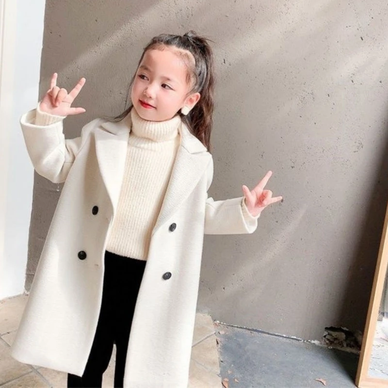 Girls Woolen Coat Overcoat Jacket Windbreak 2024 White Warm Plus Thicken Autumn Winter Cotton School Children's Clothing