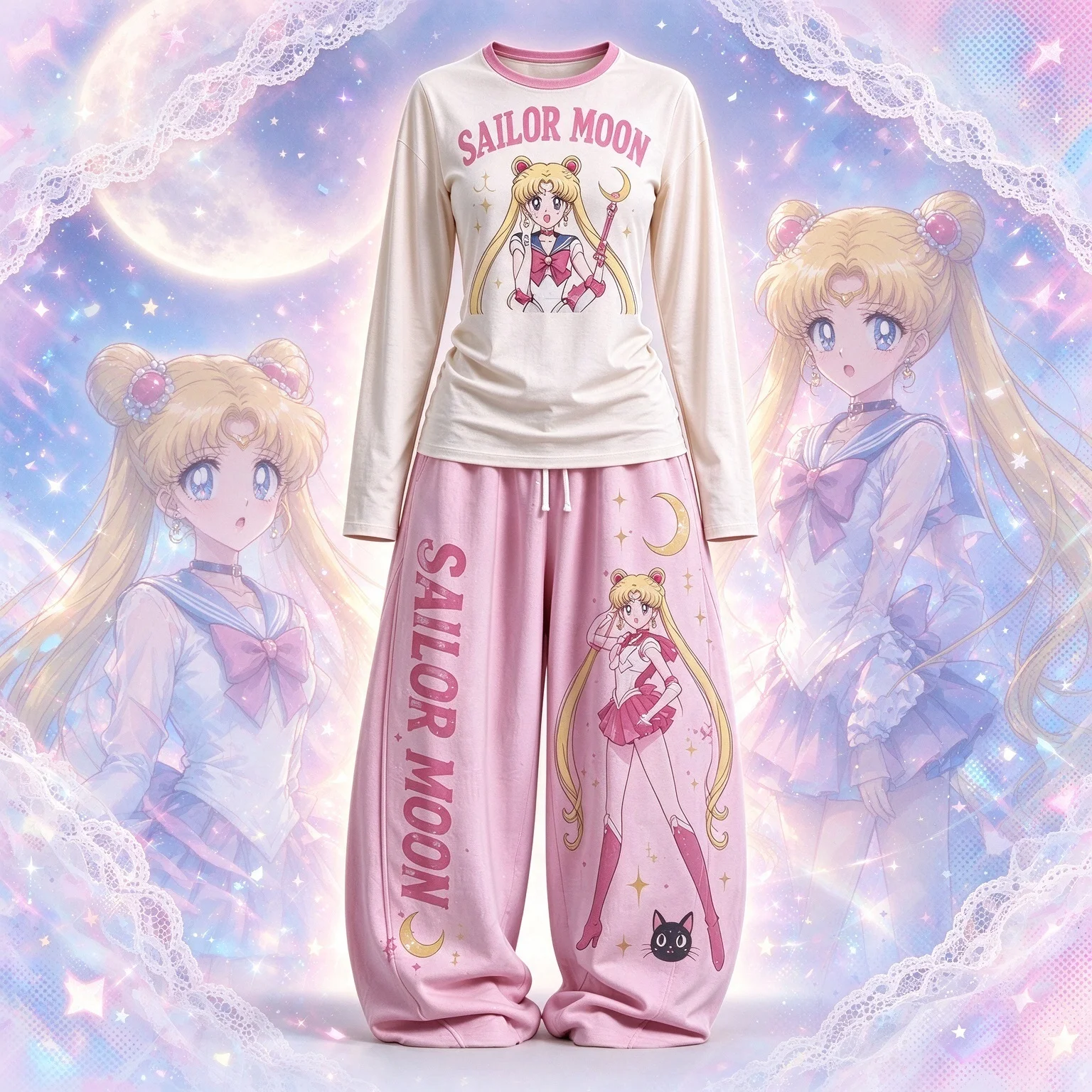 Sailor Moon Anime Print 2 Piece Set Slim Long Sleeve Top + Wide Leg Sweatpants Women Casual Streetwear Outfit