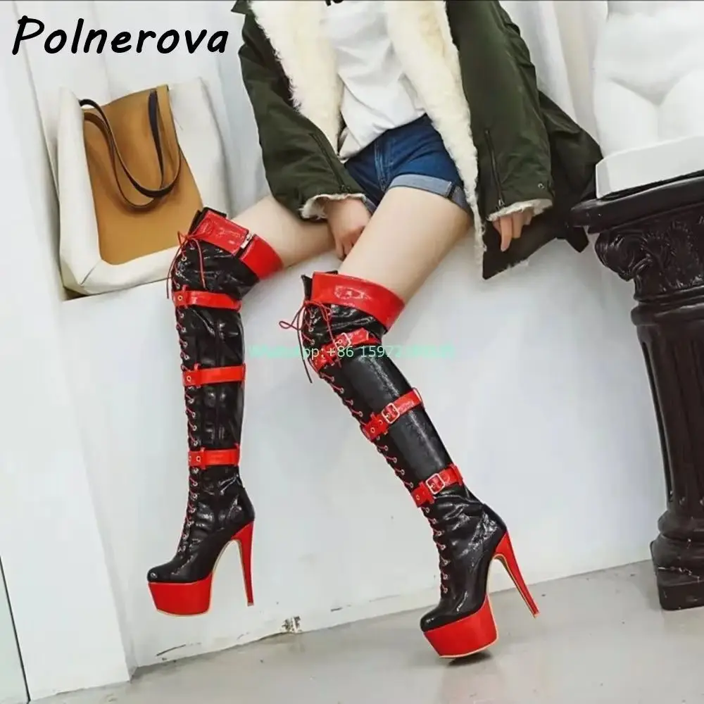 

Длинные сапоги с перекрестной пряжкой и ремнем, круглый носок, тонкие каблуки, молния, платформа, высокие сапоги до бедра, готические готические пикантные черные, красные туфли 2024