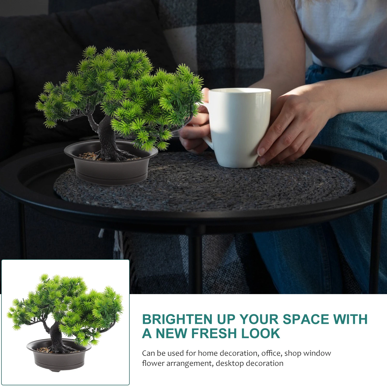 

Realistic Fake Pine Tree Bonsai Artificial Potted Plant Desktop Home Office Simulation Greenery Adornment Stable Base Design
