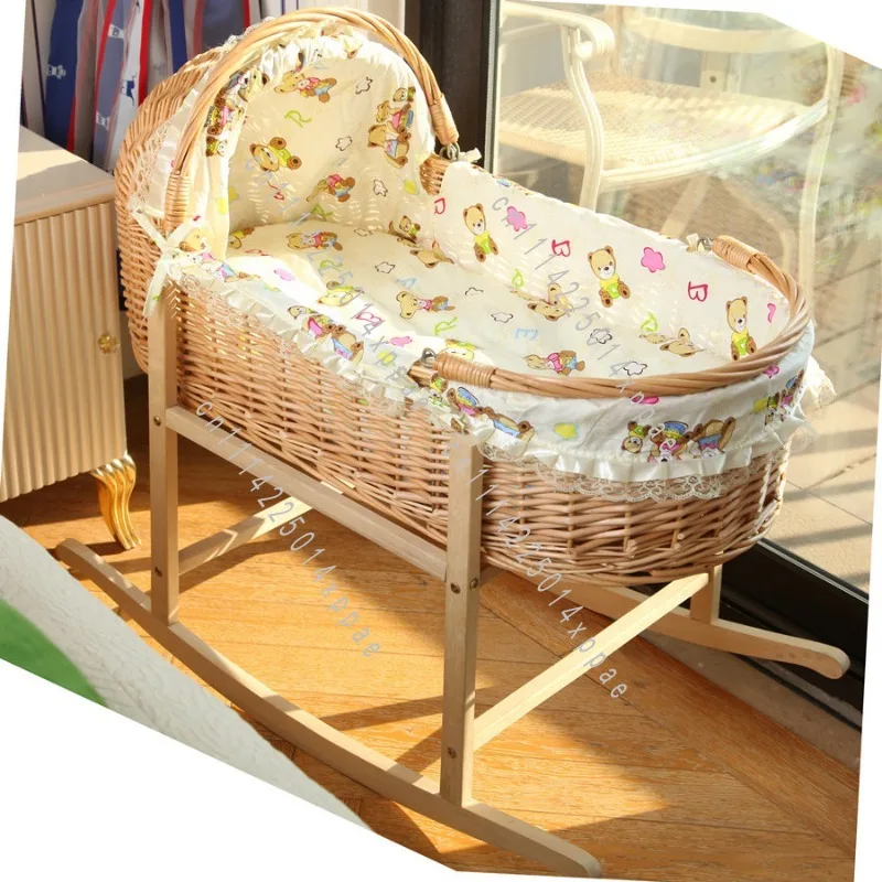 With Wooden Stand Soft Mattress For Handwoven Beige Crochet Baby Cradle Bassinet Portable Moses Basket Newborn Lounger