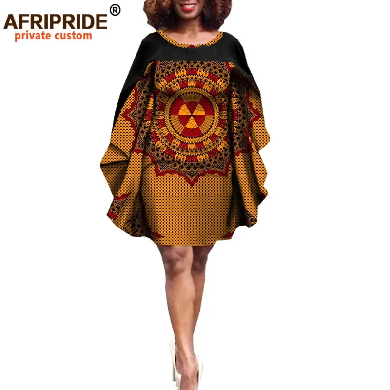 

2024 African Female Dress AFRIPRIDE Private Custom Batwing Sleeve Knee-length O-neck Women Casual Dress Plus Size Cotton A722585