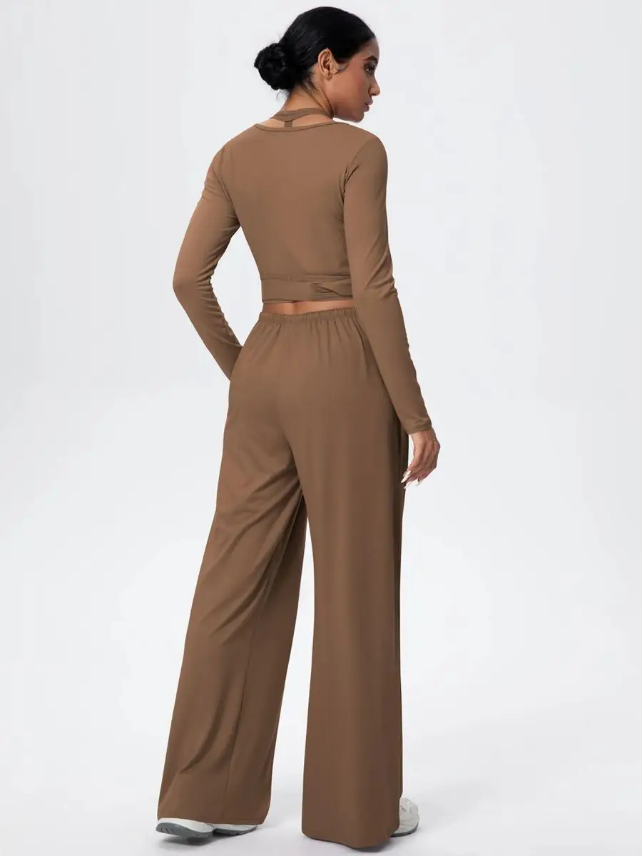 AliExpress Hamidou 3PCS/set Woman Sports Fitness Clothing Yoga Set Sexy Backless Yoga Vest Solid Color Long Sleeves Running Cycling Wide Leg Pants