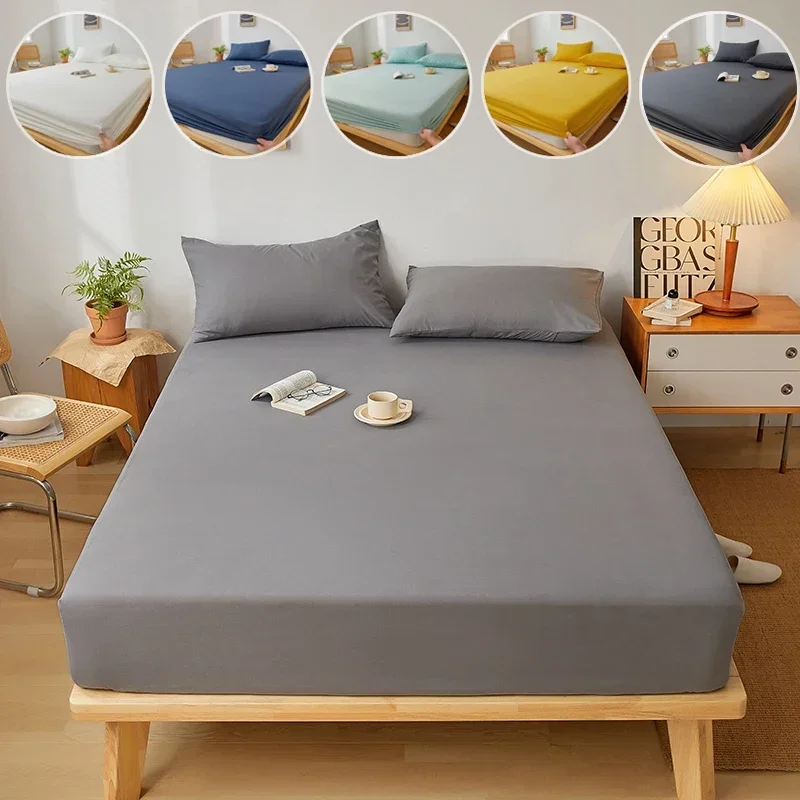 

Cotton Fitted Sheet With Elastic Bands Non Slip Adjustable Mattress Cover For Double King Queen Bed Non-Slip Solid Color
