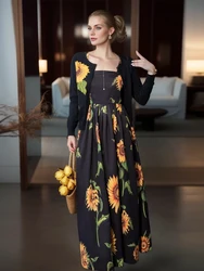 SEQINYY Black Suit Casual Spring New Fashion Design Women Runway Autumn Embroidery Knitting Cardigan +Strapless Dress Flower