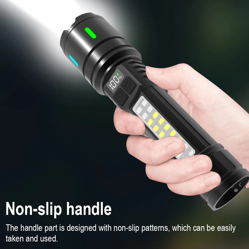 BORUiT LED Flashlight with Digital Display Rechargeable LED Flashlights Built-in 18650 battery Zoom Torch with COB Side Light