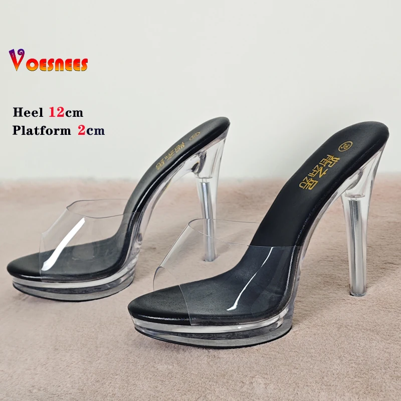 Transparent Slippers Ladies Clear PVC High Heeled Slippers Open Toe Daily Woman Sandals 12cm Sexy Show Crystal Shoes High Heels