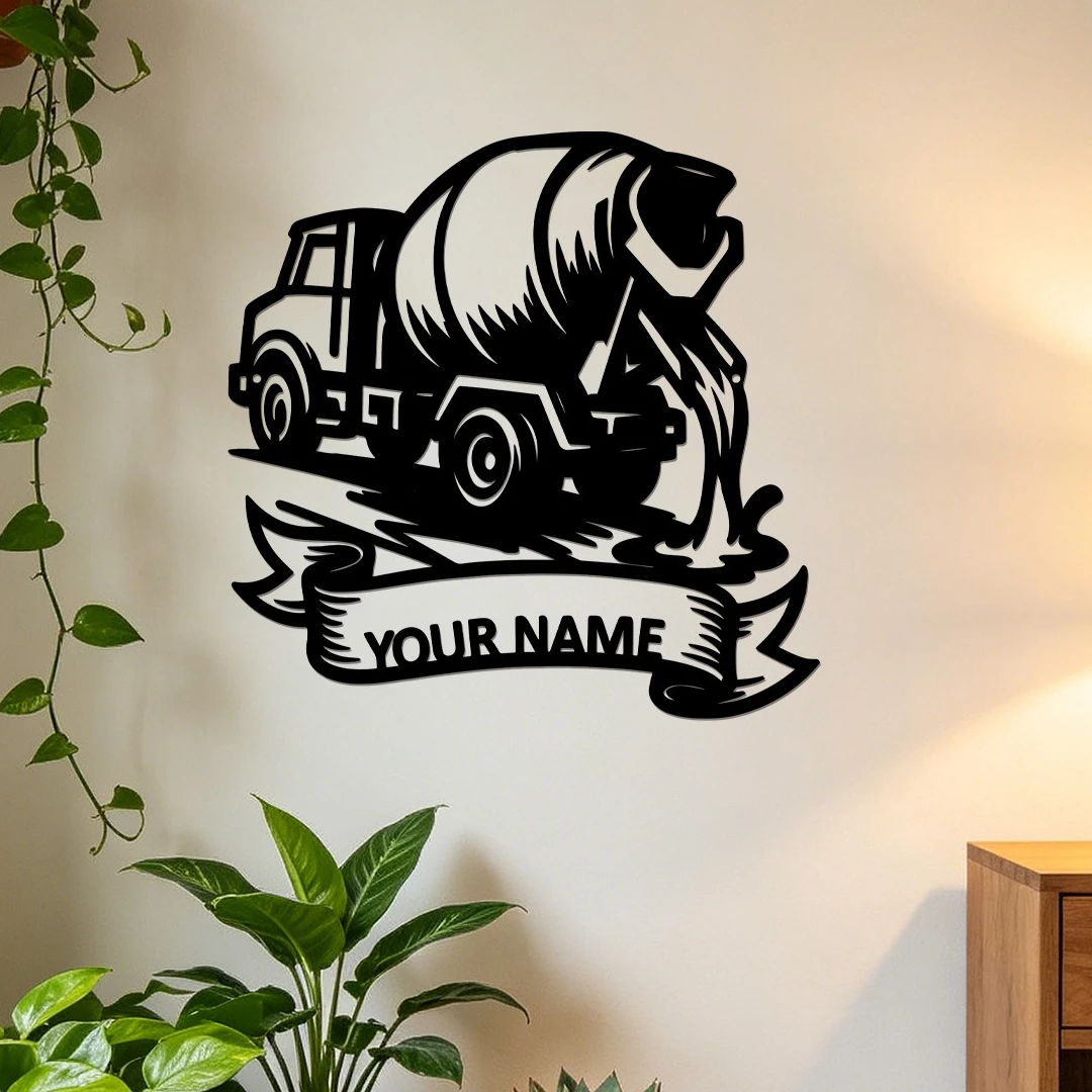 Custom Concrete Mixer Truck Metal Wall Sign, Personalized Name Construction Sign, Hanging Ornament for Garage & Workshop Decor