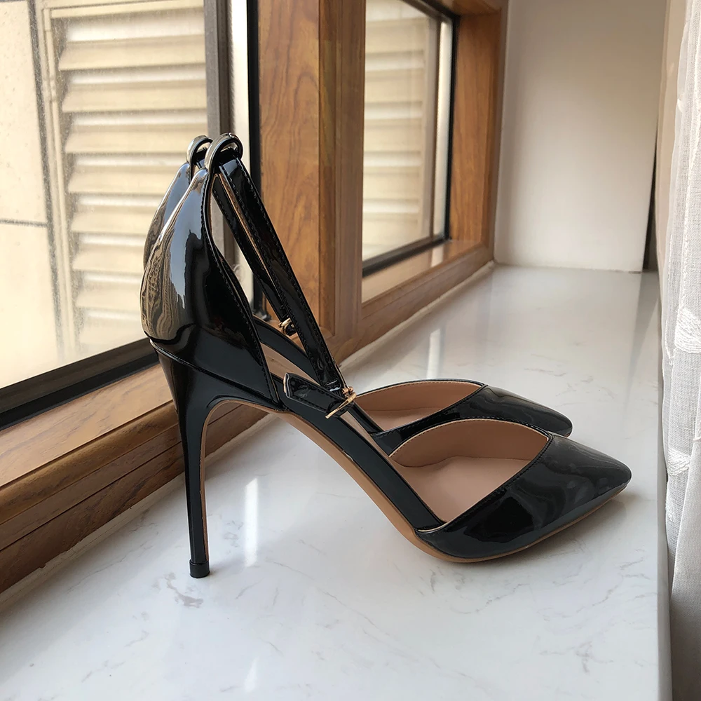 Tikicup Triangle Cut Pointy Toe Women Black Patent  Ankle Strap High Heel Shoes Elegant Designer Summer Stiletto Pumps Customize