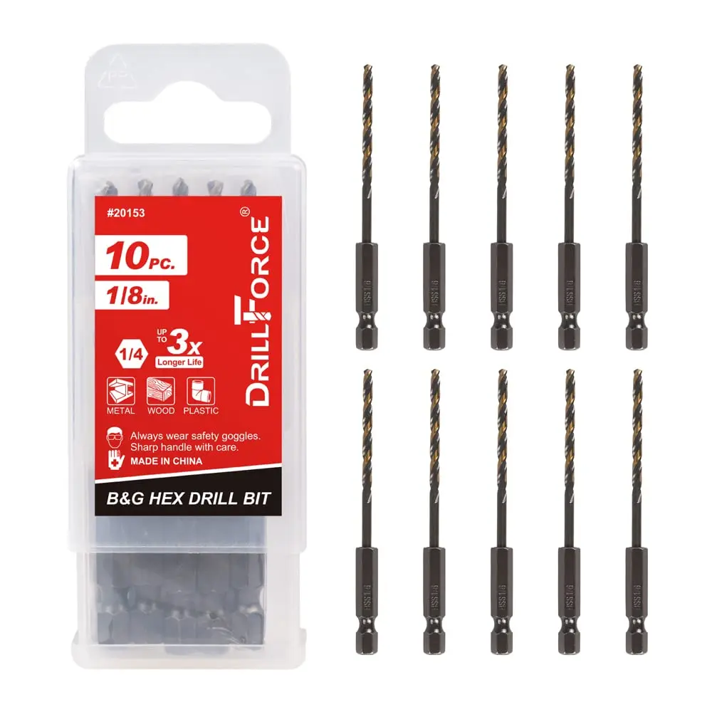 

10PCS 1/8" Impact Hex Drill Bit Set, HSS Quick Change for Copper, Aluminum, Wood & Plastic