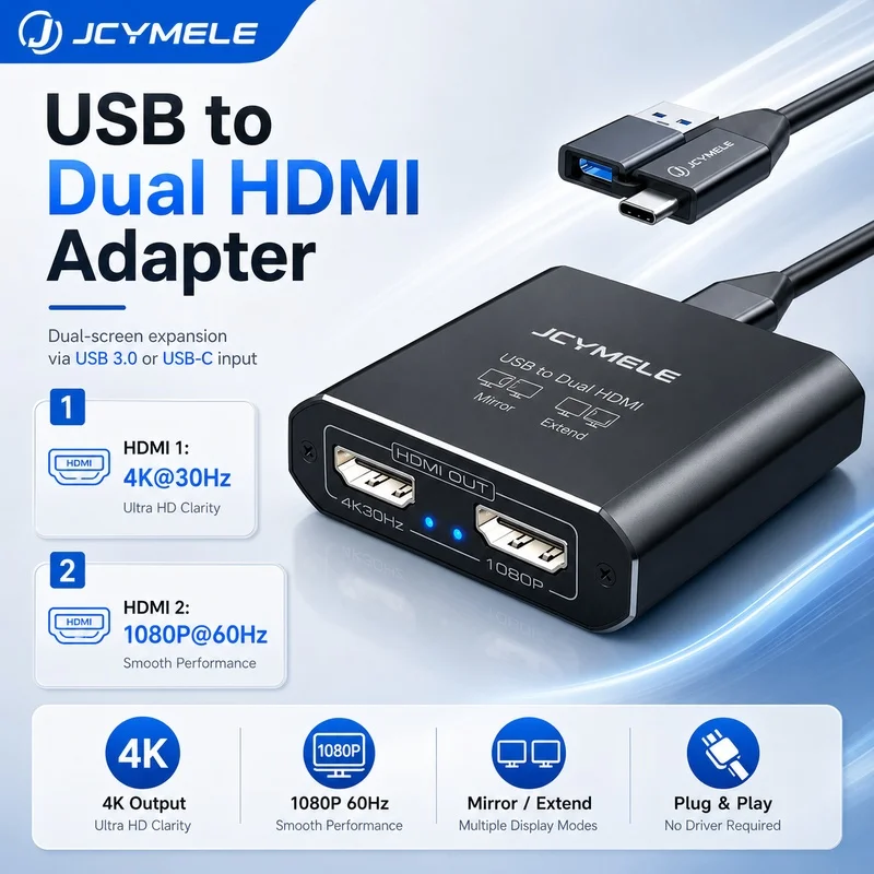 JCYMELE USB to Dual HDMI Splitter DisplayLink Adapter 4K@30Hz 1080P@60Hz for Dual Monitors Extended Display Windows Mac