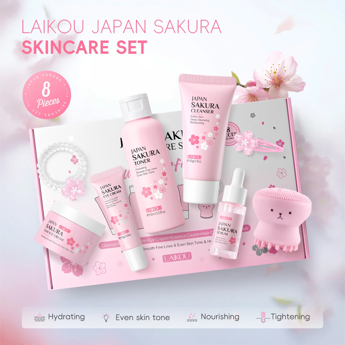 LAIKOU Sakura Skin Care 8pcs Anti-aging Set Skin Rejuvenating Serum Glowing Moisturizer Boost Radiance Toner Smooth Eye Wrinkle