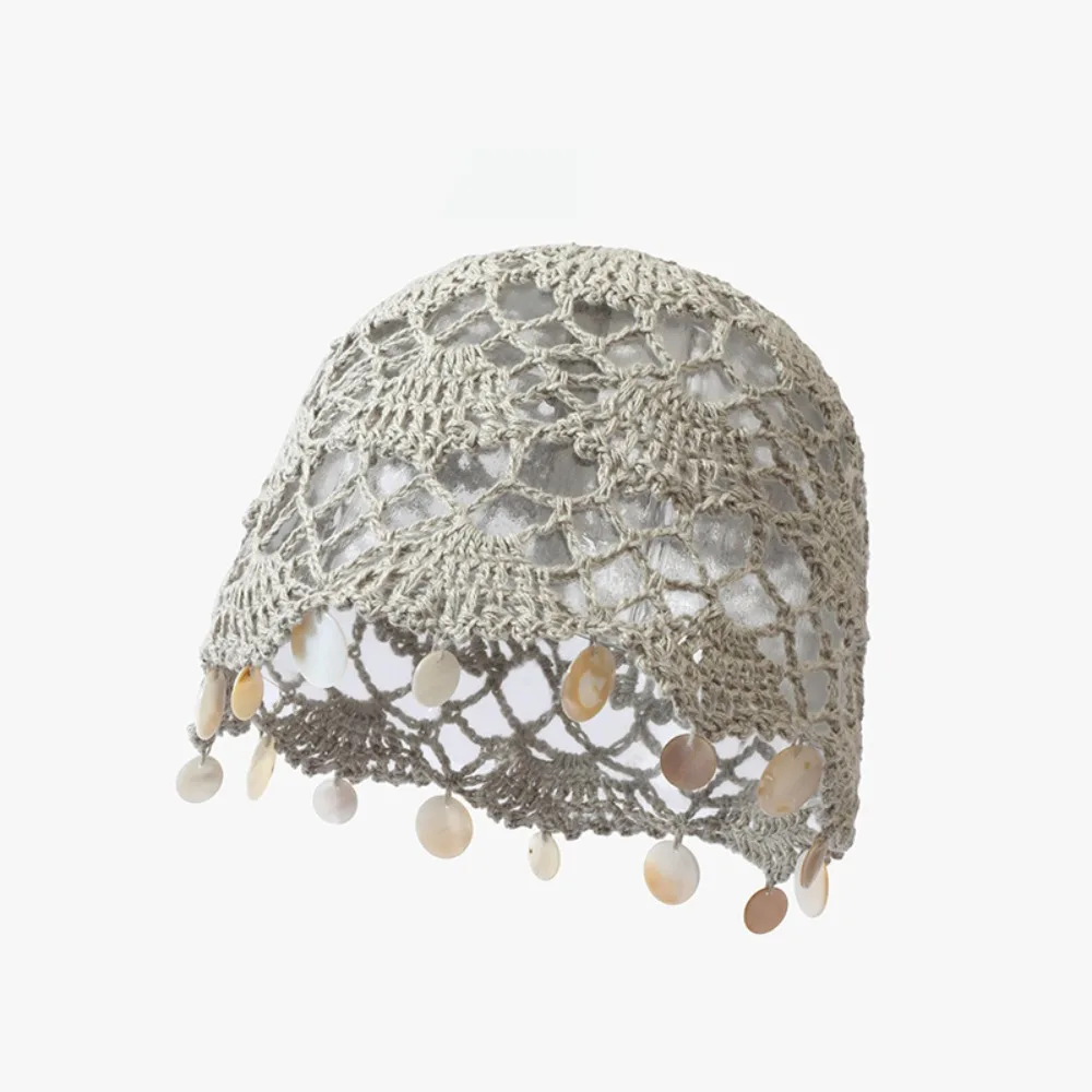 Elegant Hollowed Out Knitted Hat Thin Ethnic Style Bohemian Style Beanies Korean Solid Color Shell Tassels Hat Spring Summer