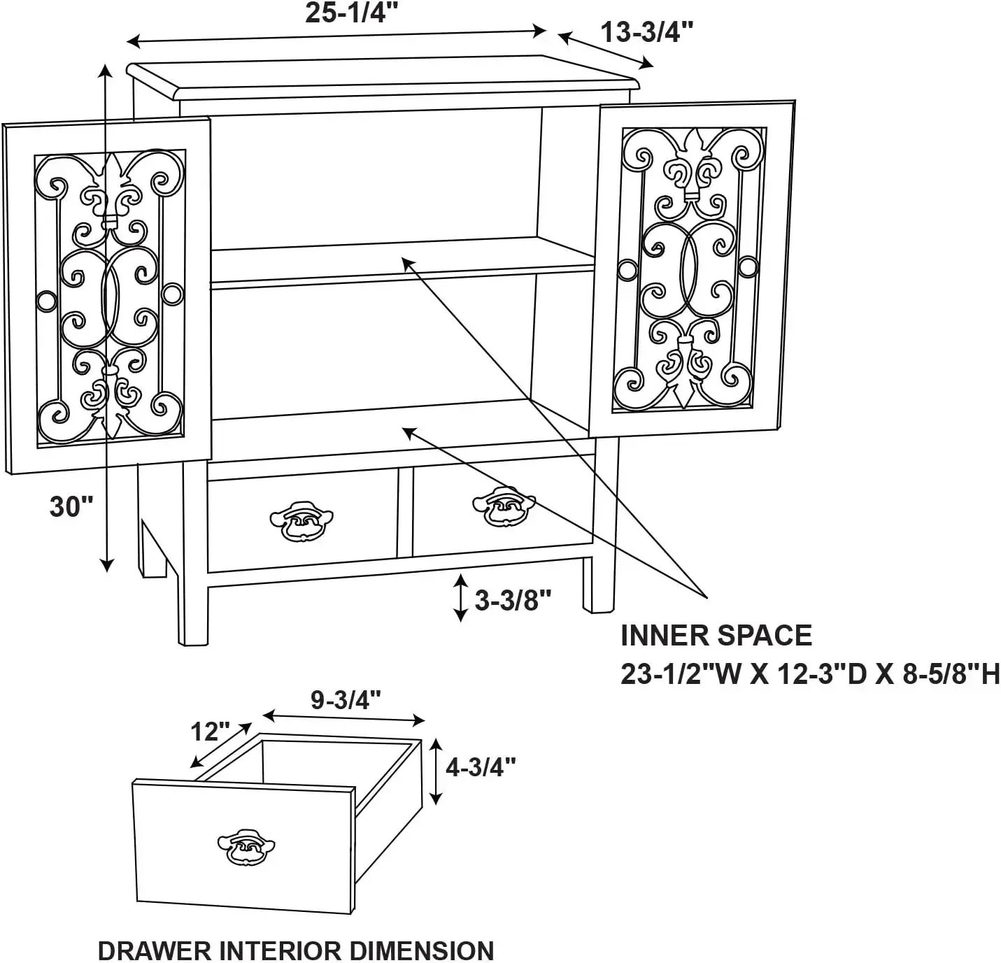 990-332 pacco Console a 2 ante a 2 cassetti, bianco 30 "L x 13.75" W x 25.5 "H