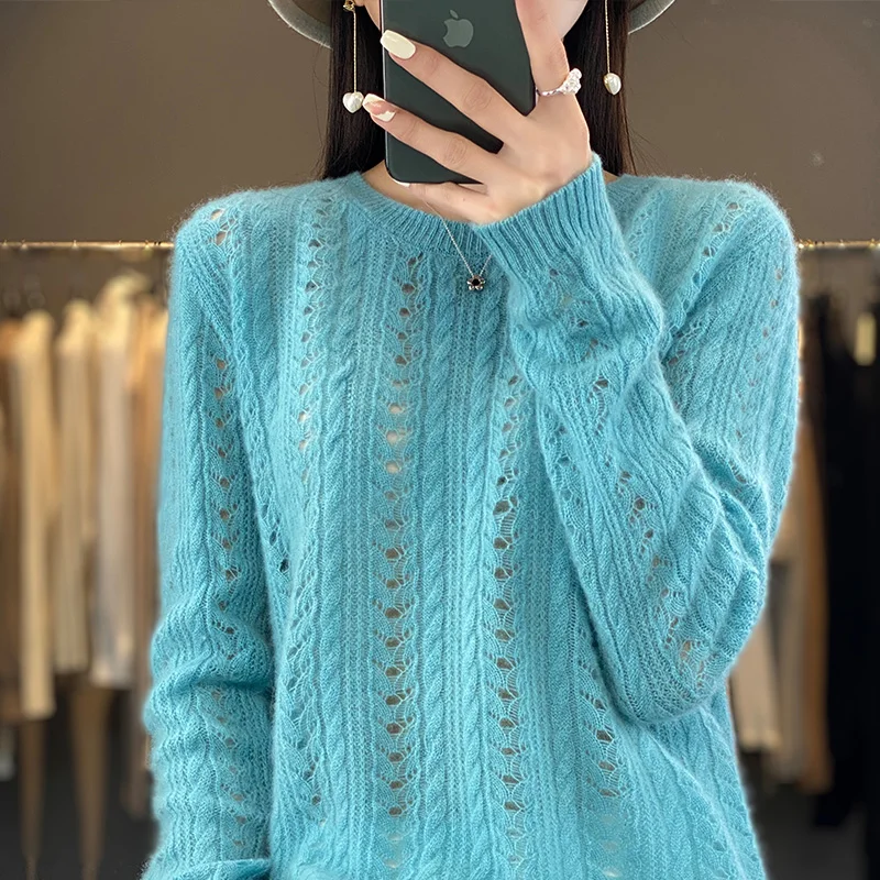 

100% wool women's O-neck sweater new twisted openwork bottoming shirt loose sweater pullover cashmere sweater top woman