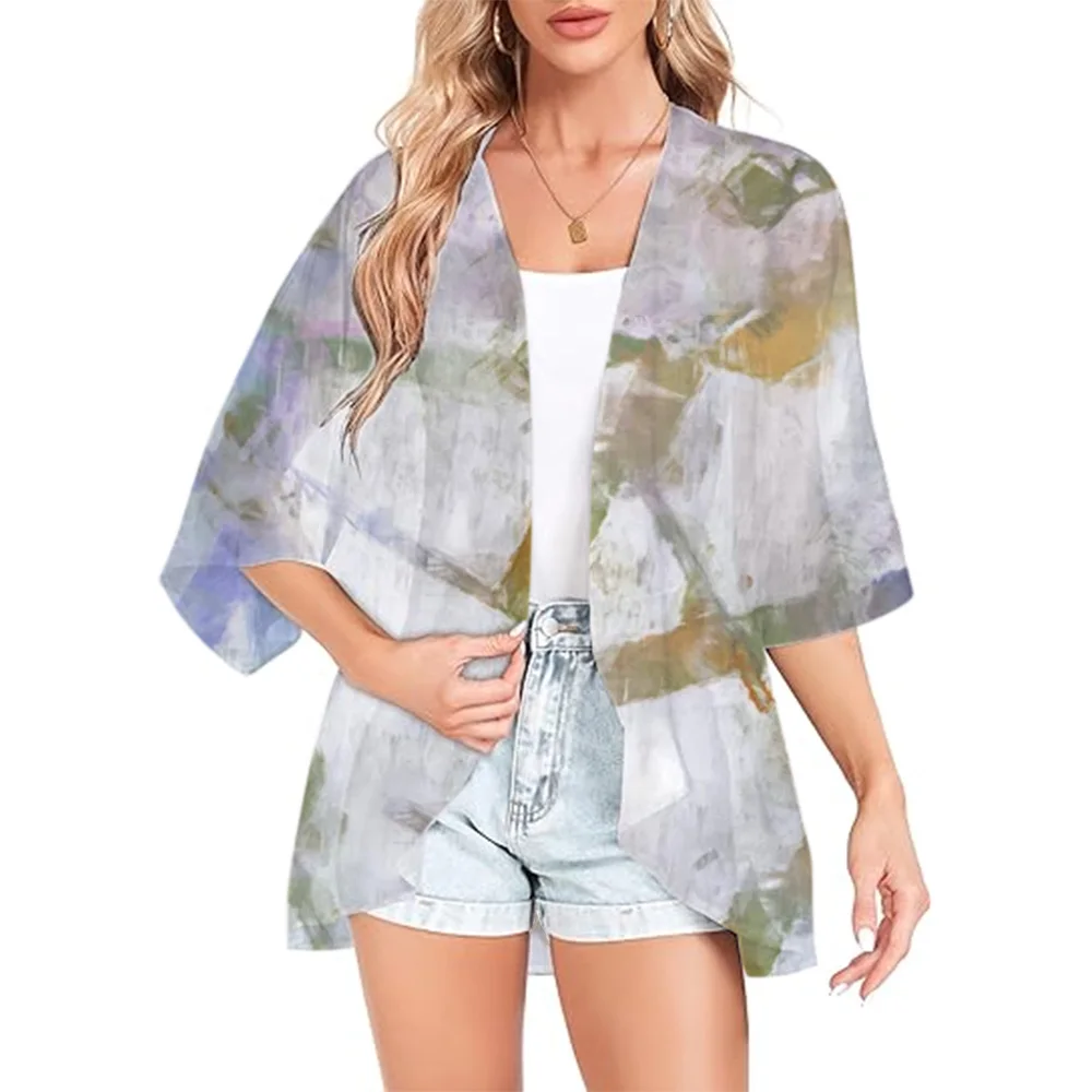 2024 New Women's Summer Long Flowing Kimono Cardigan Illusion Wind Chiffon Flower Beach Cover Up Top Beachwear Hawaiian Chiffon