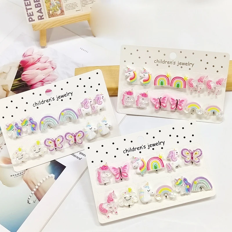 21 gaya anting-anting Resin Unicorn pelangi lucu tidak menusuk untuk anak perempuan hadiah perhiasan natal