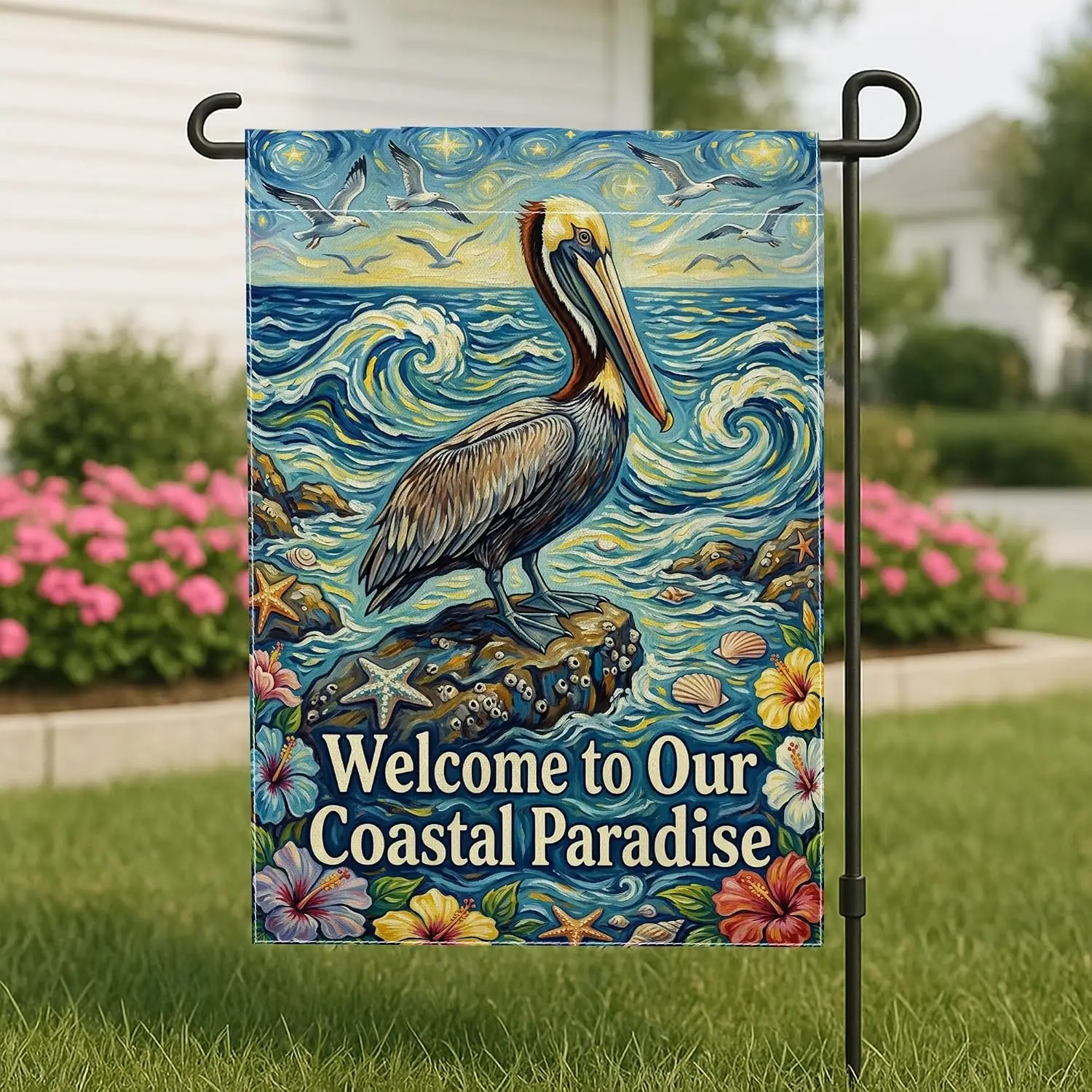 Coastal Bird Garden Flag, Coastal Tropical Waves Starfish Summer Blue Double Sided Burlap Small Garden Yard Flag for Outdoor yyi