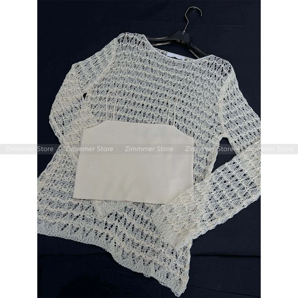 Niche fashion new thick hollow crochet with suspenders lining sexy thin see-through knitted top