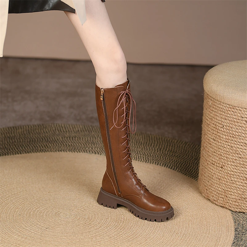 Meotina Women Genuine Leather Wool Blend Fur Knee High Boots Round Toe Block Mid Heel Zipper Lace-up Lady Boot Winter Shoes