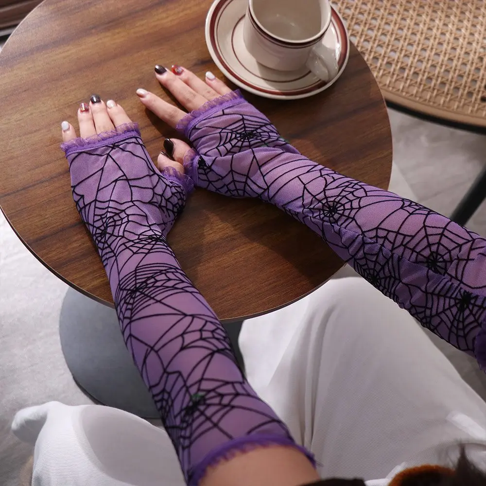 Funny Thin Halloween Gloves Gothic Long Spider Web Gloves Lolita Half-Finger Mesh Mitten Driving