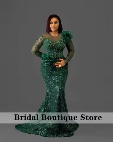 Glitter Dark Green Mermaid Prom Dress Flowers Beaded Evening Dress Formal Party Second Reception Gown Birthday Customized