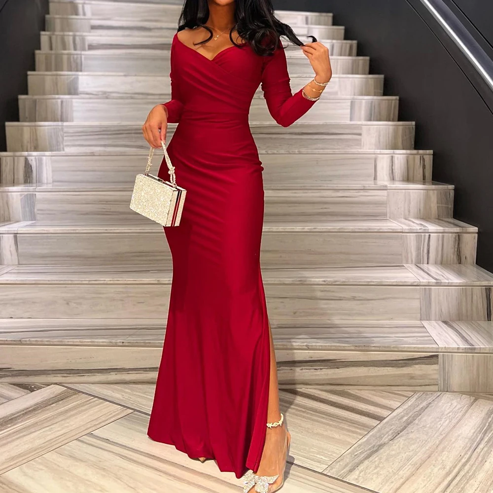 

Modern Side Slit Off the Shoulder Long Sleeves Evening Dresses Classic Mermaid Burgundy Pleats Prom Gowns vestidos de fiesta