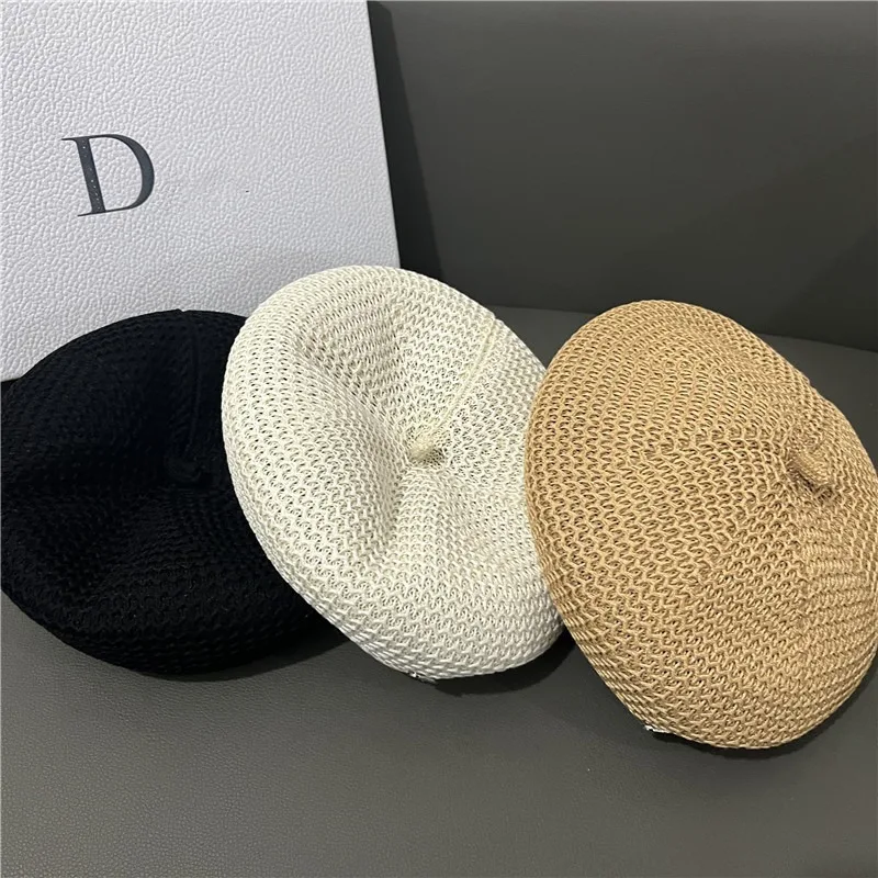 Metal Decoration Painter's Hat Fashion Temperament Trend Beret Wrinkled Paper Grass Knitted Hat Comfortable Travel Brimless Hat