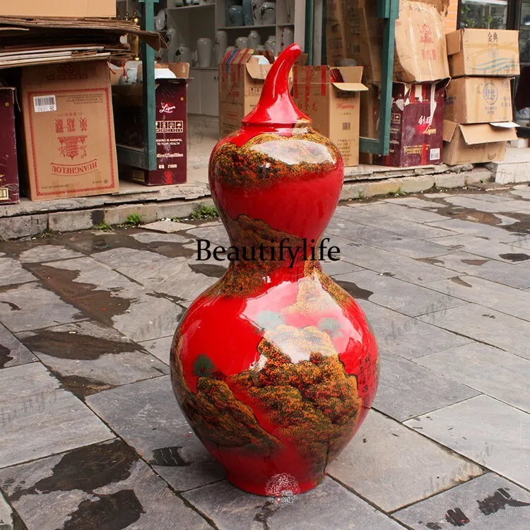 Ceramic China red floor vase high temperature hand-painted landscape gourd bottle decorative ornament