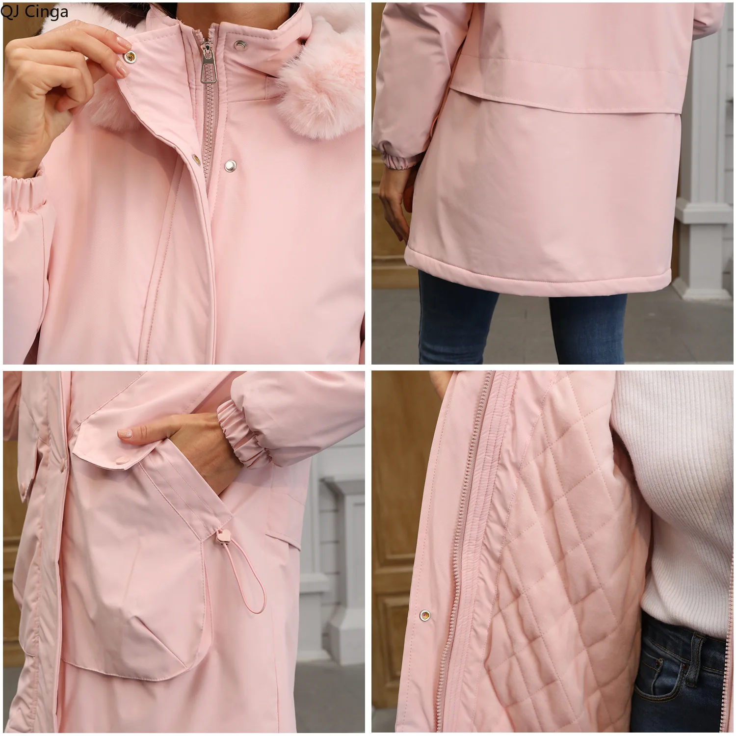 ใหม่ฤดูหนาวสีชมพูผู้หญิงเสื้อแจ็คเก็ตหนาความยาวกลาง,เสื้อแจ็คเก็ตคลุมด้วยผ้าสีแดง,ฮู้ดที่ถอดออกได้,สีเขียว,สีดำ,สีเทา,เสื้อคลุมสีกากี