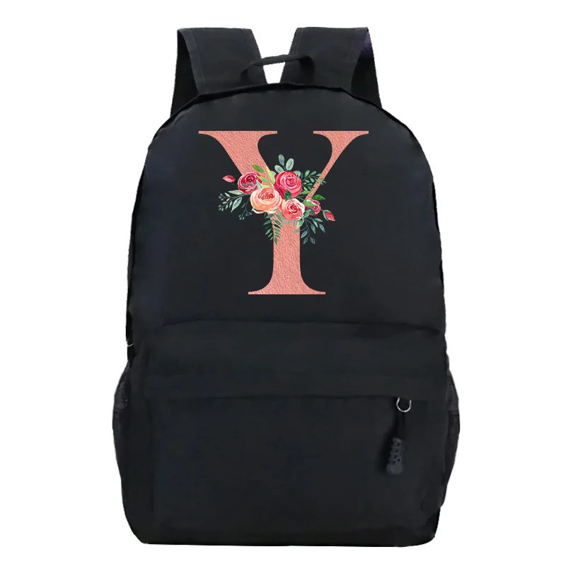 

Women Shoulders Bags Rose Letter School Bag Canvas Unisex Outdoor Sport Bag Floral Alphabet Fashion Student Laptop Backpack