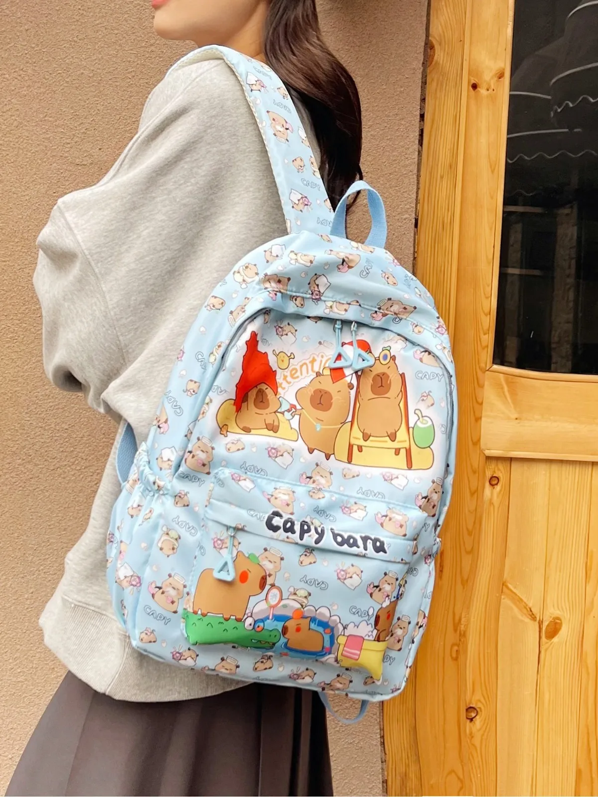 Cute Capybara Backpack Nylon Wide Straps Cartoon Animal Daypack Lightweight Foldable Large Capacity School Bag Kids Travel Bag