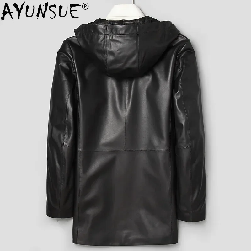 100% Genuine Sheepskin Leather Jackets for Men Hooded Slim Mens Leather Jacket Mid-length Real Leather Coat Chaquetas