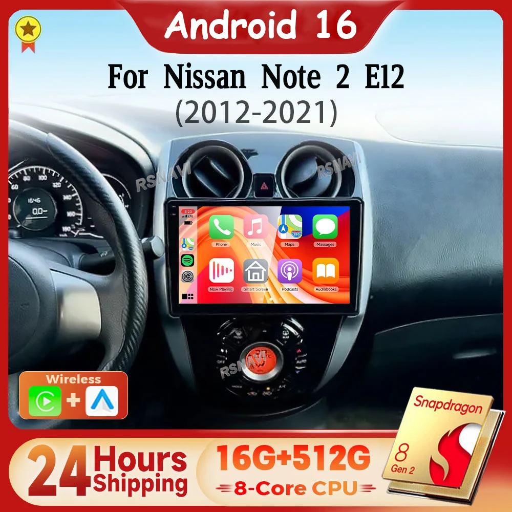 Snapdragon Android 16 Carplay Auto Car Radio Multimedia Player For Nissan Note 2 E12 2012-2021 Autoradio DVD 24-hour Shipping BT