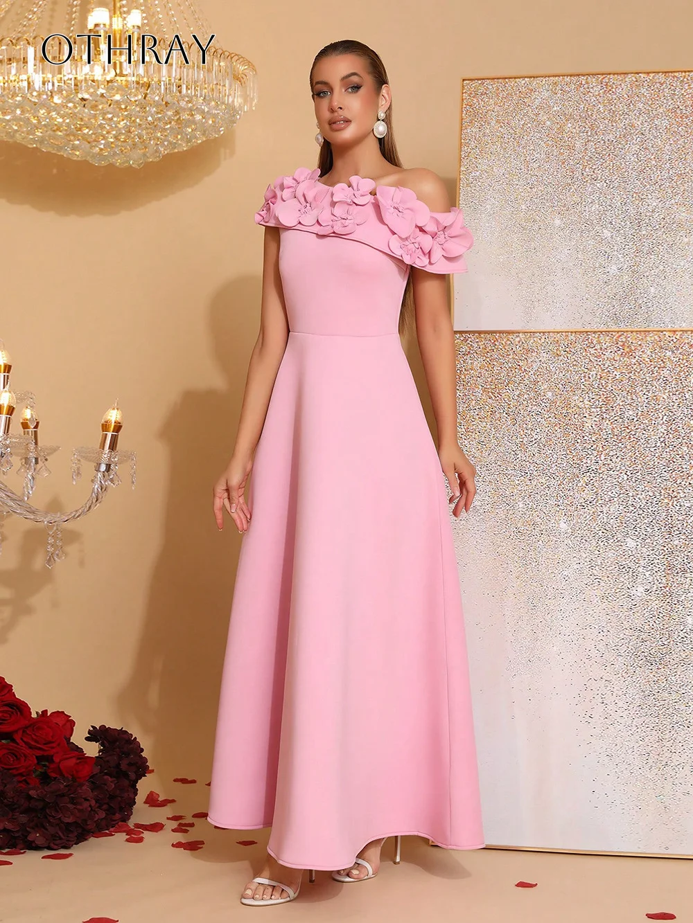 ワンショルダーフラワーAラインプロムドレスプリーツサテン足首丈カスタマイズされたドレス