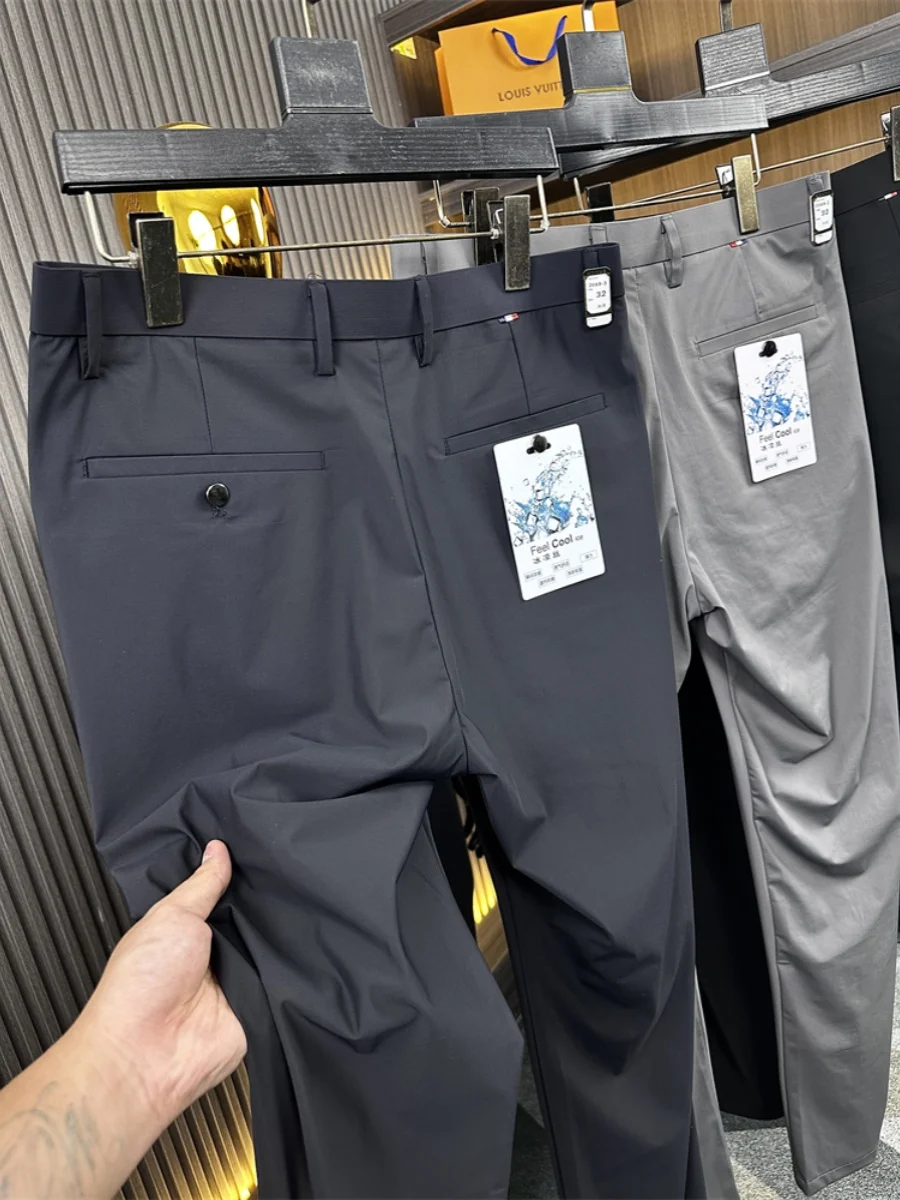 

Busin Casual Ice Silk Men's Straight Leg Pants Cool Sensation Comfortable Summer Trousers Faionable Urban Sle